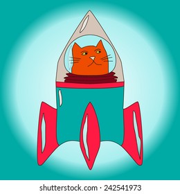 Orange cat in space suit inside blue and red rocket. Vector illustration with blue background.
