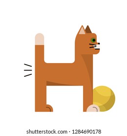 Orange cat stands with a yellow ball. Pet farts. Flat design. Vector illustration.