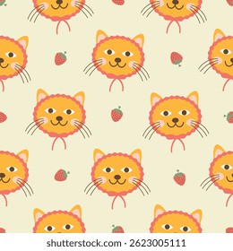 orange cat strawberry seamless pattern. Perfect for Prints, Wrapping Paper, Wallpaper, Textiles, Stationery, and Fabric.