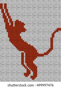 Orange cat with stretched paws up on the light grey background, childish knitting fabric vector pattern