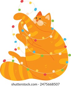 Orange cat tangled holiday lights isolated white background. Playful kitten string colorful bulbs festive decoration graphic. Striped feline wrapped wires amusing celebration illustration