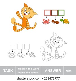 Orange cat toy waving red paw. What is the word hidden? Task and answer. Page to be colored. A children's game. Solve the riddle. A word game. Fill in the spaces. 