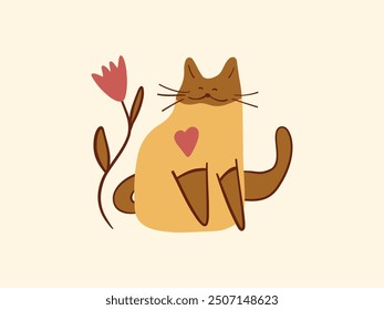 Orange cat with tulip. Vector illustration. Flower and pet. Icon, logo for pet shop