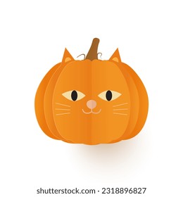 Orange cat vector illustration. Paper cut cat face pumpkin elements for halloween. Happy halloween