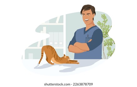 Orange cat at veterinary visit in medical clinic office. Healthy kitty not anxiety on therapy on vet appointment of veterinarian. Doctor smiling and health care of homeless animal. Vector illustration