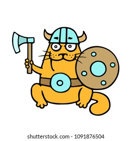 Orange cat viking with ready for battle. Ax and shield. Funny cartoon character. Vector illustration.