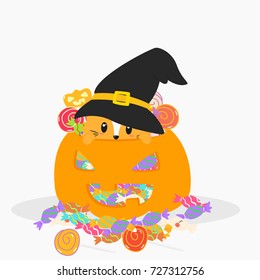 orange cat wearing black witch hat inside a Halloween pumpkin full of candies. Halloween cartoon vector
