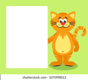 Orange cat with white board. Cartoon character with white blank banner. Place your text. Vector illustration.