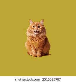 Orange cat with a wide smile and playful expression against a solid yellow background