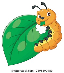 Orange caterpillar eating green leaf on white background. Perfect for educational materials, nature themed designs, children books. Vector Illustration