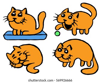 Orange Cats Emoticons Second Set. Funny Cartoon Cool Character. Contour Freehand Digital Drawing Cute Pet. White Color Background. Kitten Collection Web Icons and Shirt. Isolated Vector Illustration.