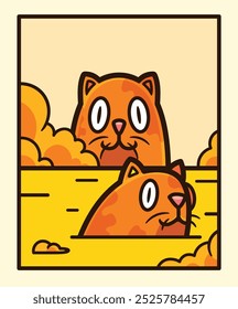 Orange Cats Peeking Out of a Yellow Background Surrounded by Fluffy Clouds Cartoon Vector Illustration