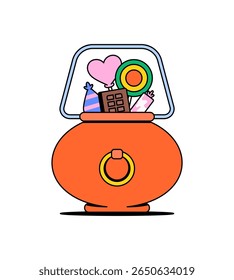 Orange cauldron filled with colorful candies, chocolate, and lollipops cartoon illustration vector for Halloween, trick-or-treat themes, party invites, icon , sticker design