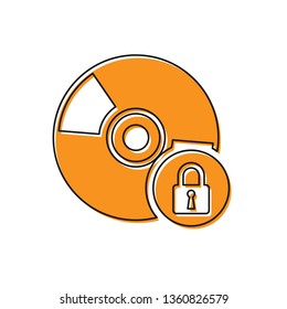 Orange CD or DVD disk with closed padlock icon isolated on white background. Compact disc sign. Security, safety, protection concept. Vector Illustration