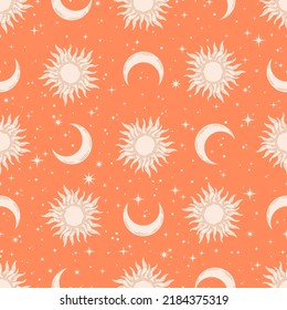 Orange celestial design with pink  sun and moon. Celestial seamless pattern.