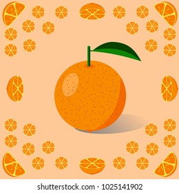 an orange is centered and shaded surrounded by pieces of small orange pieces and in every corner there is a larger symmetrical orange slice over an orange background design vector illustration