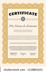 Orange Certificate of achievement. With background. Good design. Vector illustration. 