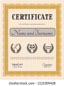 Orange Certificate of achievement. With background. Vector illustration. Artistry design. 