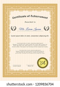 Orange Certificate of achievement. With complex background. Retro design. Customizable, Easy to edit and change colors. 