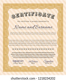 Orange Certificate of achievement. With complex background. Vector illustration. Artistry design. 