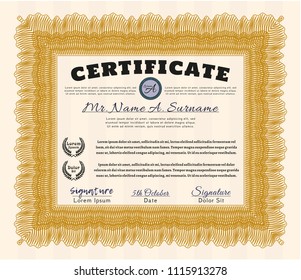 Orange Certificate of achievement. With complex linear background. Sophisticated design. Vector illustration. 