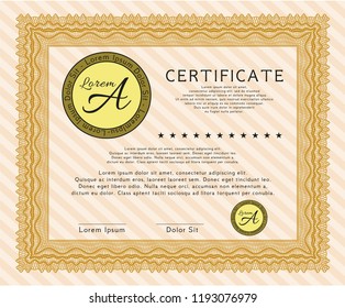 Orange Certificate of achievement. With complex linear background. Excellent design. Vector illustration. 