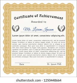 Orange Certificate of achievement. With complex linear background. Customizable, Easy to edit and change colors. Money Pattern design. 