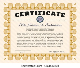 Orange Certificate of achievement. With complex linear background. Customizable, Easy to edit and change colors. Money style design. 