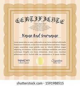 Orange Certificate of achievement. With complex linear background. Detailed. Perfect design. 