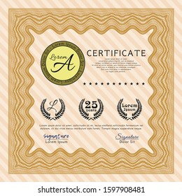 Orange Certificate of achievement. Cordial design. Printer friendly. Vector illustration. 
