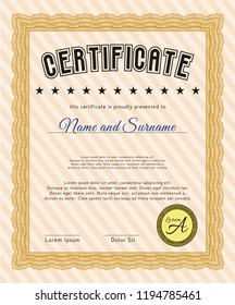 Orange Certificate of achievement. Customizable, Easy to edit and change colors. With complex background. Retro design. 