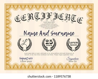 Orange Certificate of achievement. Detailed. With complex background. Superior design. 