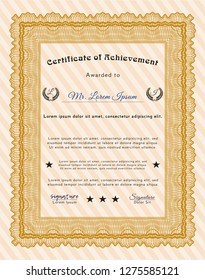 Orange Certificate of achievement. Detailed. Complex background. Good design. 
