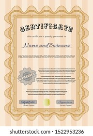 Orange Certificate of achievement. Detailed. Printer friendly. Money Pattern design. 