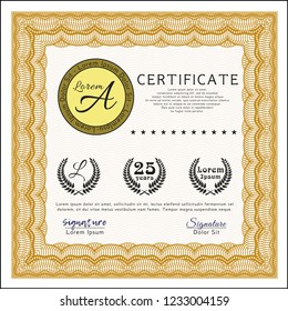 Orange Certificate of achievement. Elegant design. Complex background. Vector illustration. 