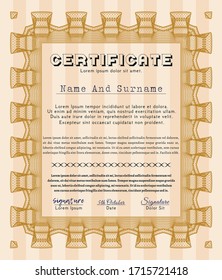 Orange Certificate of achievement.  Elegant design.  With guilloche pattern.  Customizable, Easy to edit and change colors. 
