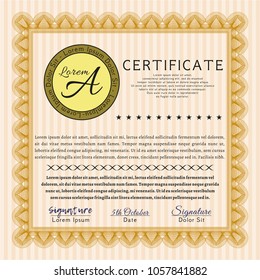Orange Certificate of achievement. Good design. With complex linear background. Vector illustration. 