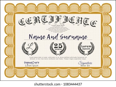 Orange Certificate of achievement. With great quality guilloche pattern. Detailed. Superior design. 