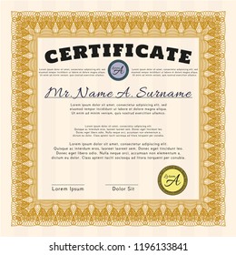 Orange Certificate of achievement. With guilloche pattern and background. Vector illustration. Artistry design. 
