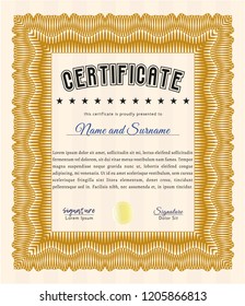 Orange Certificate of achievement. With guilloche pattern. Artistry design. Vector illustration. 