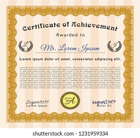 Orange Certificate of achievement. With guilloche pattern and background. Cordial design. Vector illustration. 