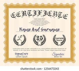 Orange Certificate of achievement. With guilloche pattern and background. Money design. Vector illustration. 