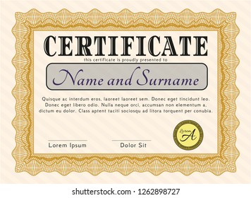 Orange Certificate of achievement. With guilloche pattern. Money style design. Customizable, Easy to edit and change colors. 