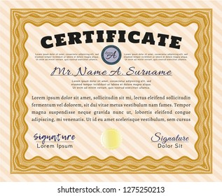 Orange Certificate of achievement. With guilloche pattern and background. Elegant design. Detailed. 
