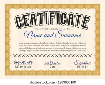 Orange Certificate of achievement. With guilloche pattern. Vector illustration. Perfect design. 
