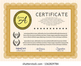 Orange Certificate of achievement. With guilloche pattern and background. Customizable, Easy to edit and change colors. Money style design. 