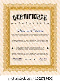 Orange Certificate of achievement. With guilloche pattern and background. Perfect design. Detailed. 