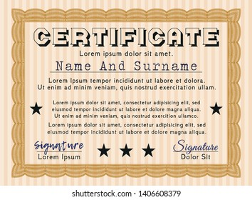 Orange Certificate of achievement. With guilloche pattern and background. Detailed. Superior design. 