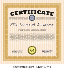 Orange Certificate of achievement. With linear background. Money Pattern design. Customizable, Easy to edit and change colors. 