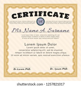 Orange Certificate of achievement. With linear background. Detailed. Money Pattern design. 